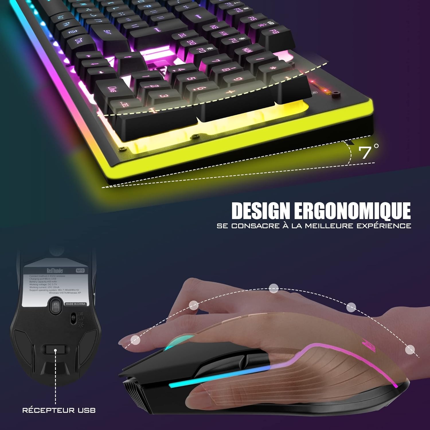 RedThunder K10 Draadloos Gaming Toetsenbord en Muis AZERTY Zwart