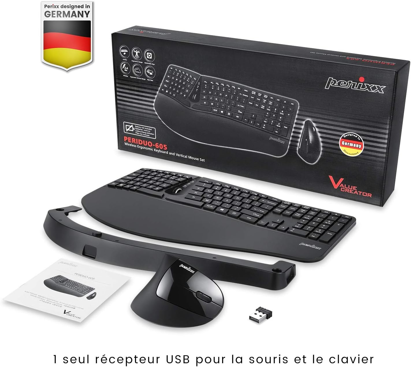 Perixx PERIDUO-605 Ergonomische Draadloze AZERTY Toetsenbord en Muis Combo Zwart