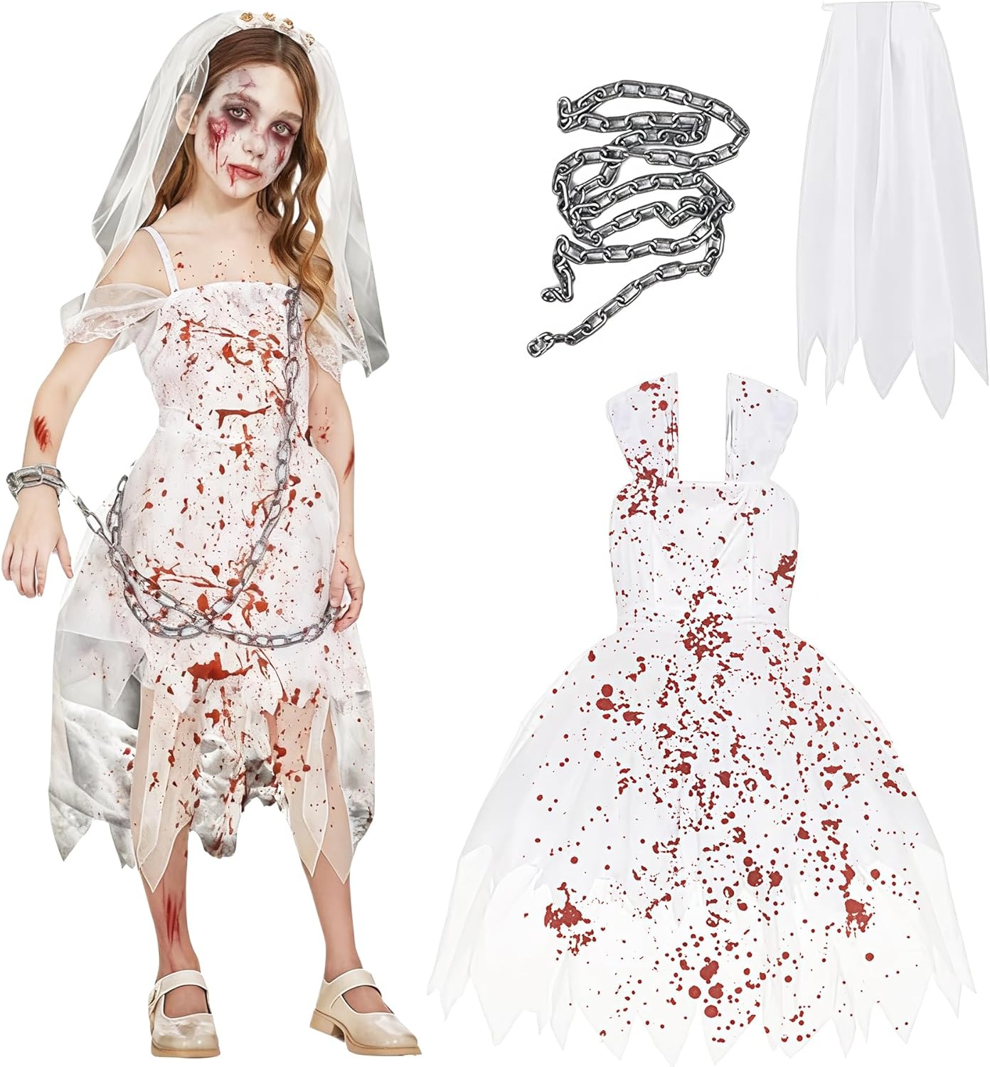 Meisjes Zombie Bruid Kostuum Wit/Rood - Halloween Feest & Carnaval