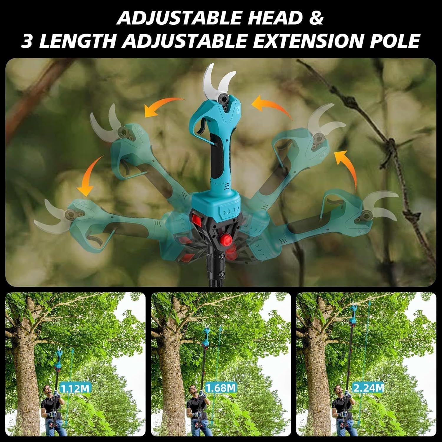 Elektrische snoeischaar, 40 mm, 2-in-1 elektrische takkenschaar, telescoop, compatibel met Makita accu's, accu-takkenschaar, maximaal bereik tot 2,2 m, snoeischaar, draadloos (zonder accu)