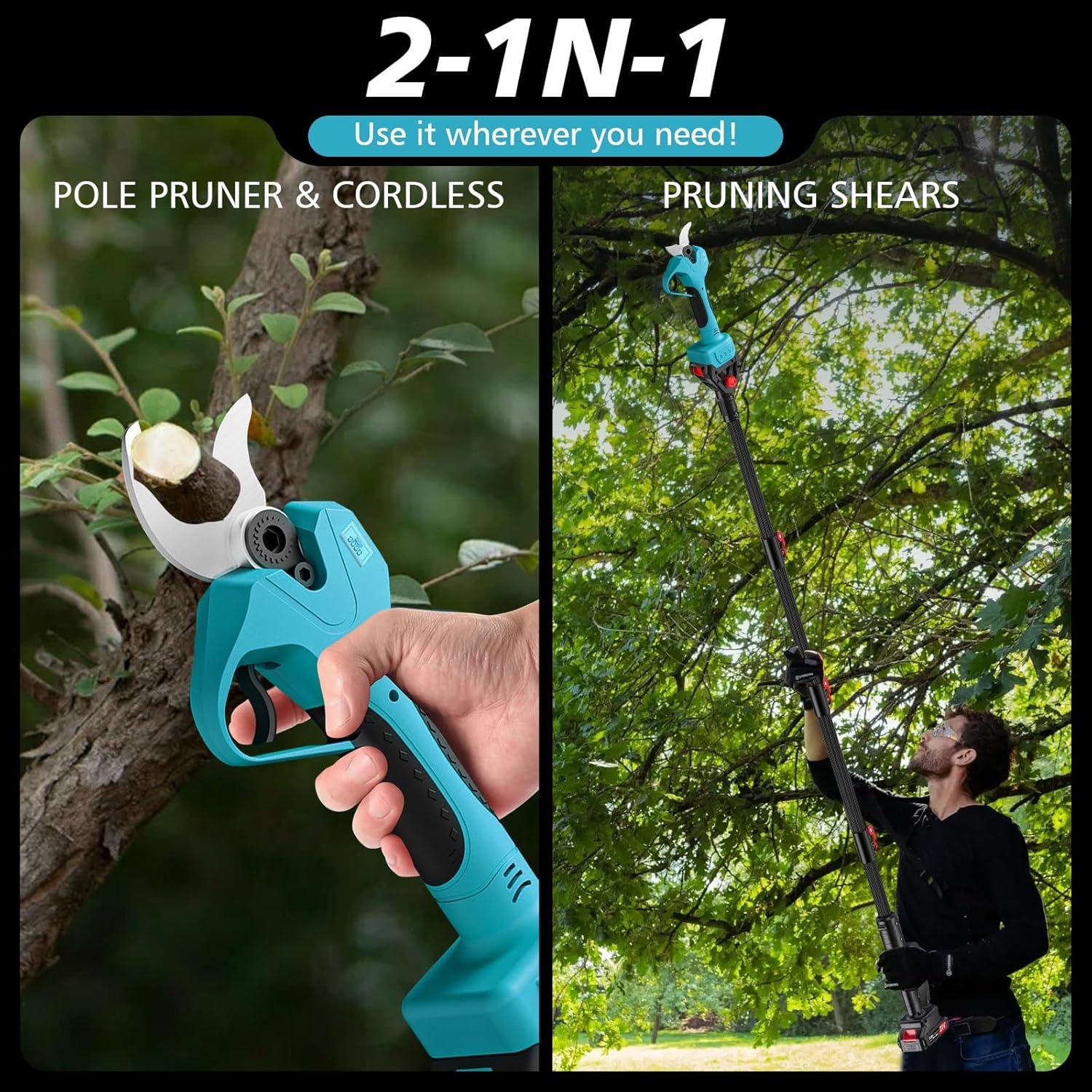 Elektrische snoeischaar, 40 mm, 2-in-1 elektrische takkenschaar, telescoop, compatibel met Makita accu's, accu-takkenschaar, maximaal bereik tot 2,2 m, snoeischaar, draadloos (zonder accu)