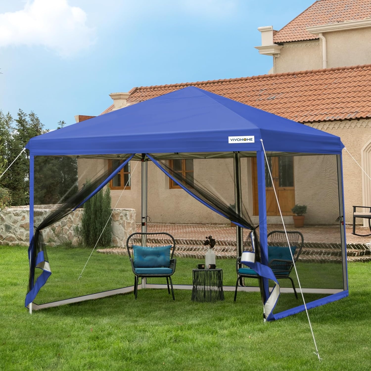 VIVOHOME Pop-Up Campering Tent Blauw 8x8ft met Muskietennet