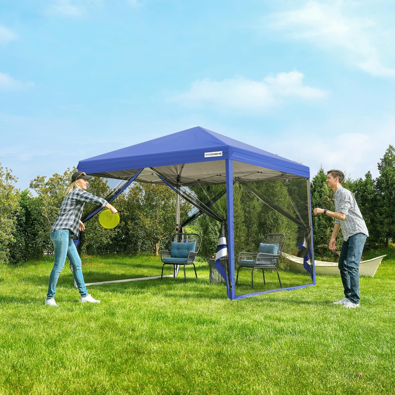 VIVOHOME Pop-Up Campering Tent Blauw 8x8ft met Muskietennet