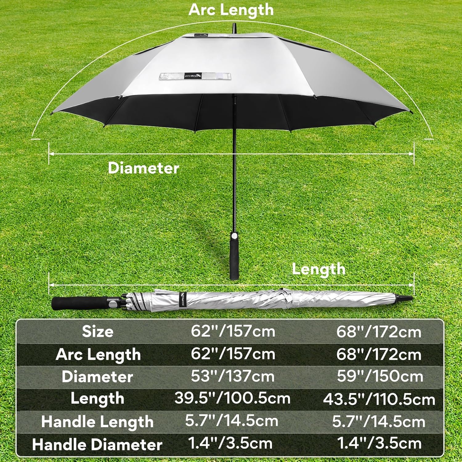 ZOMAKE UV Golfparaplu Zilver/Zwart 62 Inch - 25% Korting!