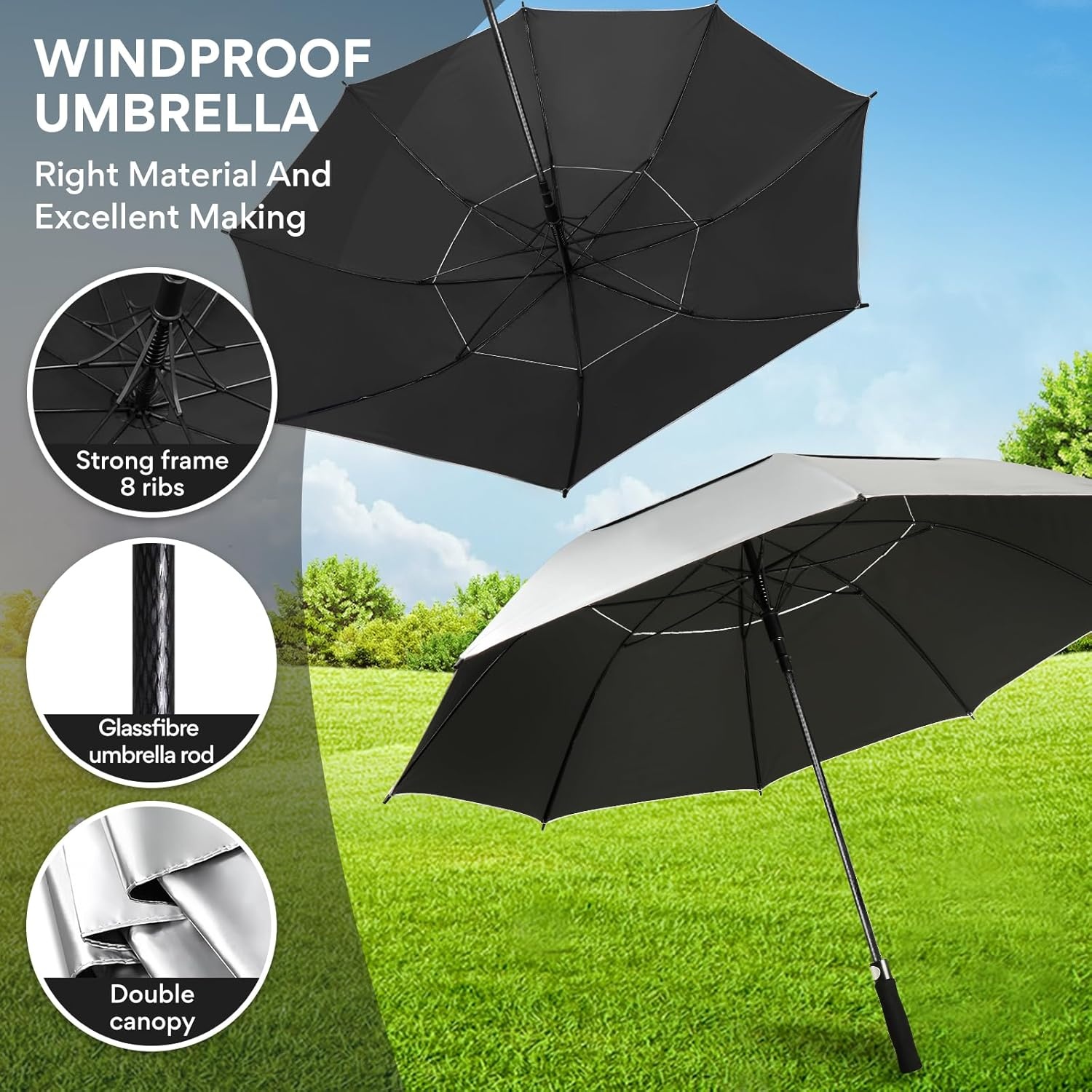 ZOMAKE UV Golfparaplu Zilver/Zwart 62 Inch - 25% Korting!