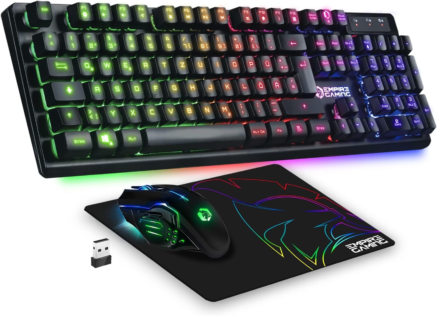 EMPIRE GAMING - Armor RF800 draadloos gamingtoetsenbord en -muisset QWERTZ (DE-indeling) - 2,4 G RGB draadloos toetsenbord - Ergonomische draadloze muis met muismat van 4800 dpi - PC PS4 PS5 Xbox One/serie Mac