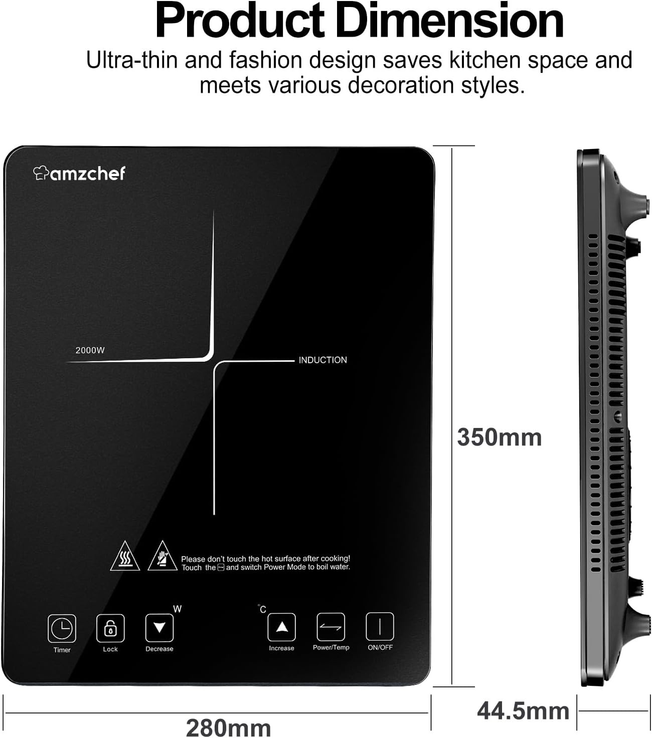 AMZCHEF Inductiekookplaat Zwart - 2000W, 10 Vermogens- en Temperatuurstanden