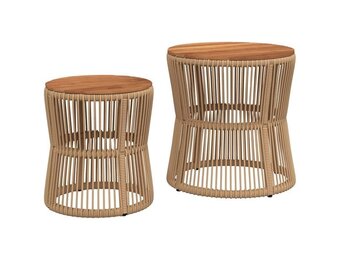 vidaXL Tuinbijzettafels 2 st met houten blad poly rattan beige