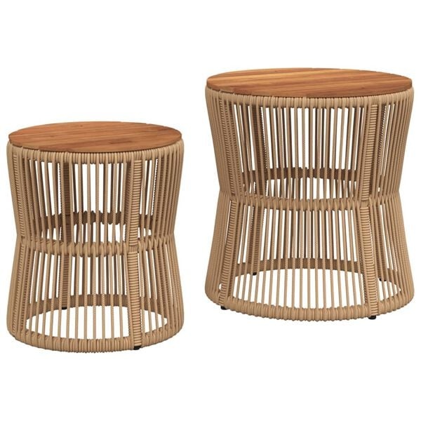 vidaXL Tuinbijzettafels 2 st met houten blad poly rattan beige