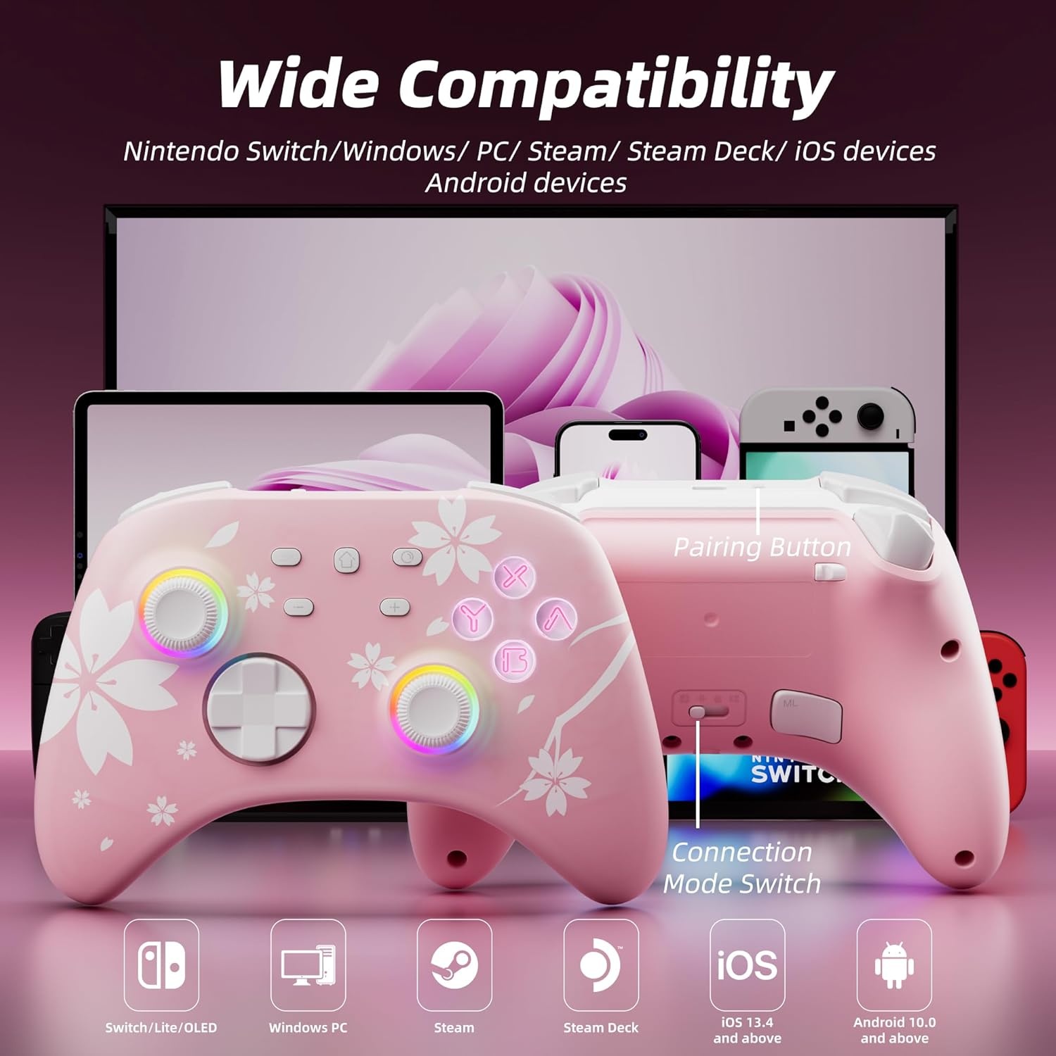 Mytrix Pro Controller Roze met Oplaaddock en Hall Effect Joysticks voor Nintendo Switch, PC, iOS, Android