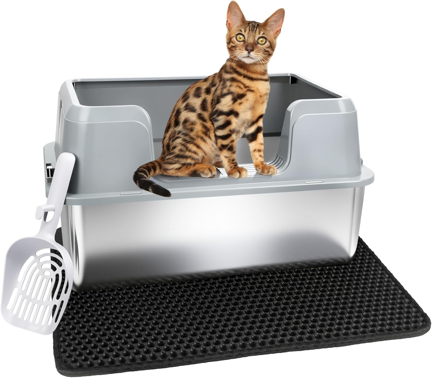 Grijze Roestvrijstalen Kattenbak S met Deksel en Schepje