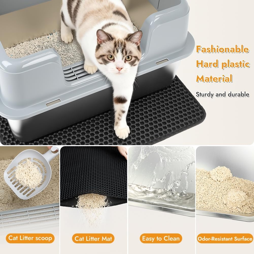 Grijze Roestvrijstalen Kattenbak S met Deksel en Schepje