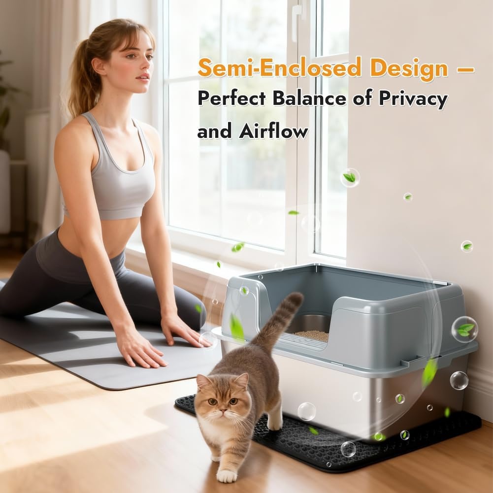 Grijze Roestvrijstalen Kattenbak S met Deksel en Schepje