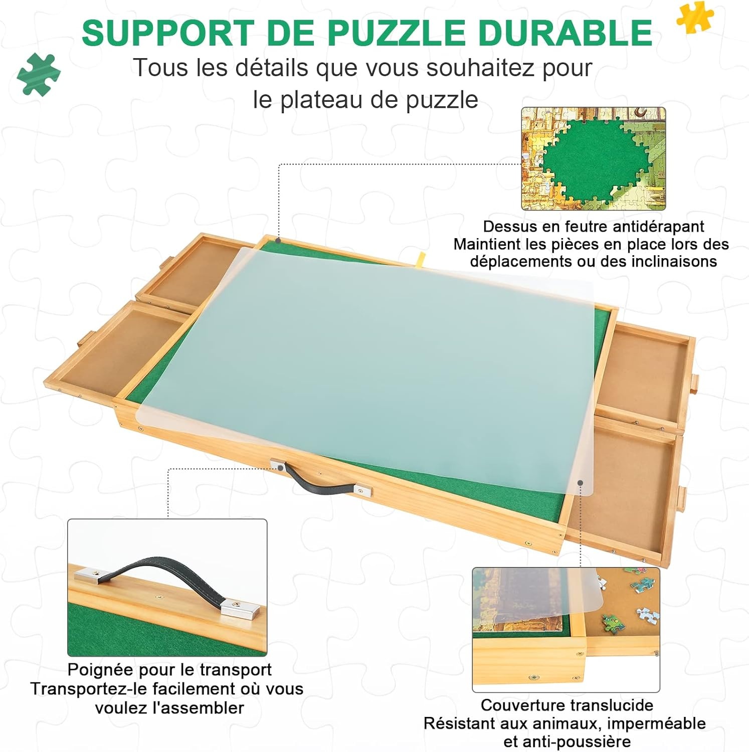 1500 stuks draagbare puzzeltafel met poten, verstelbare puzzelplank met 4 laden en afdekking, 3-kantel-hoek-puzzeltafel voor volwassenen