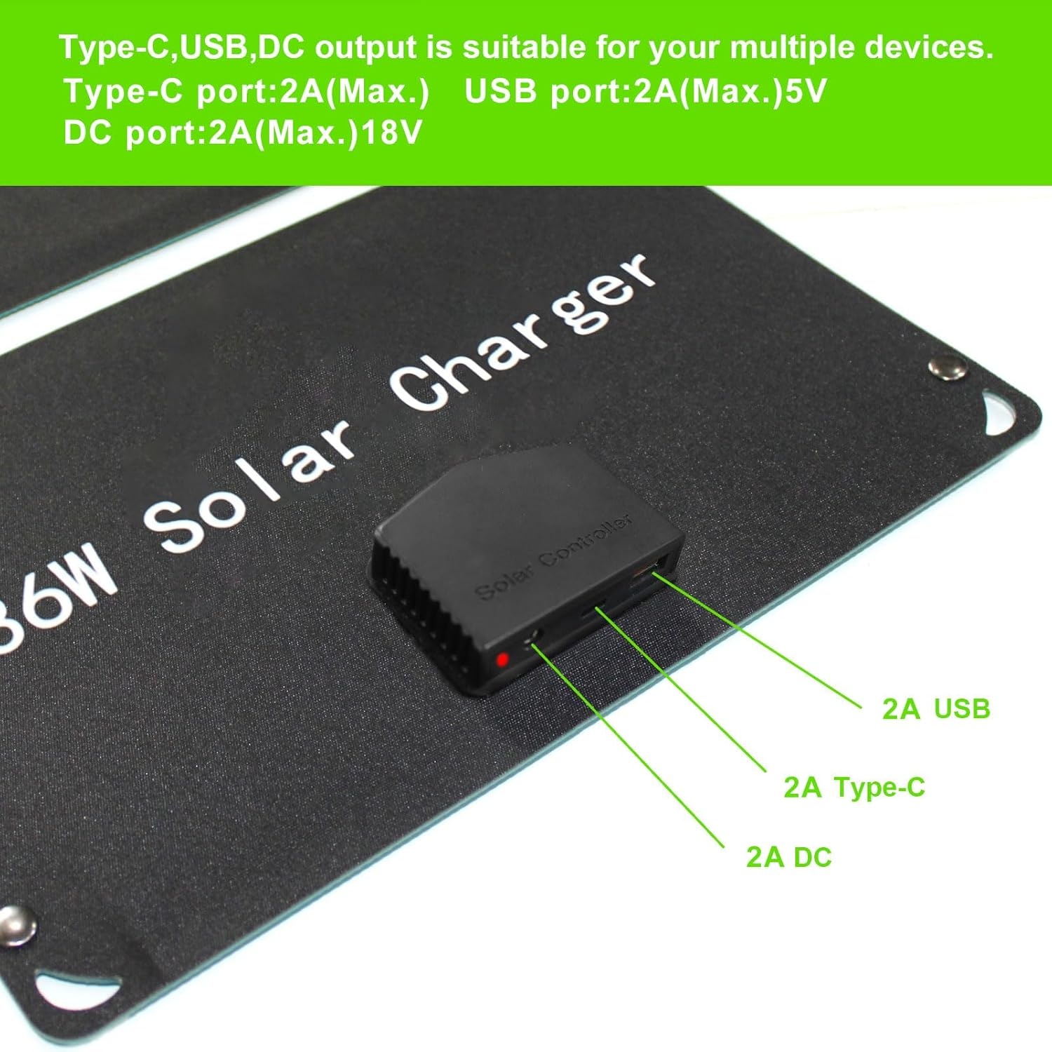 36W Opvouwbaar Zonnepaneel Oplader ETFE Monokristallijn met USB-C, DC, USB Output voor Telefoon, Laptop en 12V Batterij