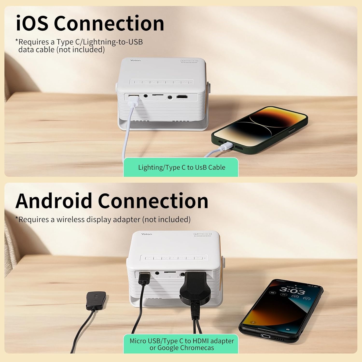 YOTON Y3 Mini-beamer, mobiele telefoon, draagbaar, Full HD videobeamer voor thuisbioscoop, outdoor beamer, compatibel met HDMI, USB, smartphone, PS5, Fire Stick, de beste keuze voor kinderen en