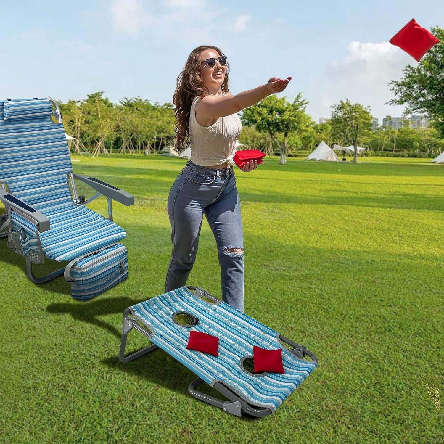 Zwarte Aluminium Strandstoel met Koeltas & Tafeltje - -124% Korting!