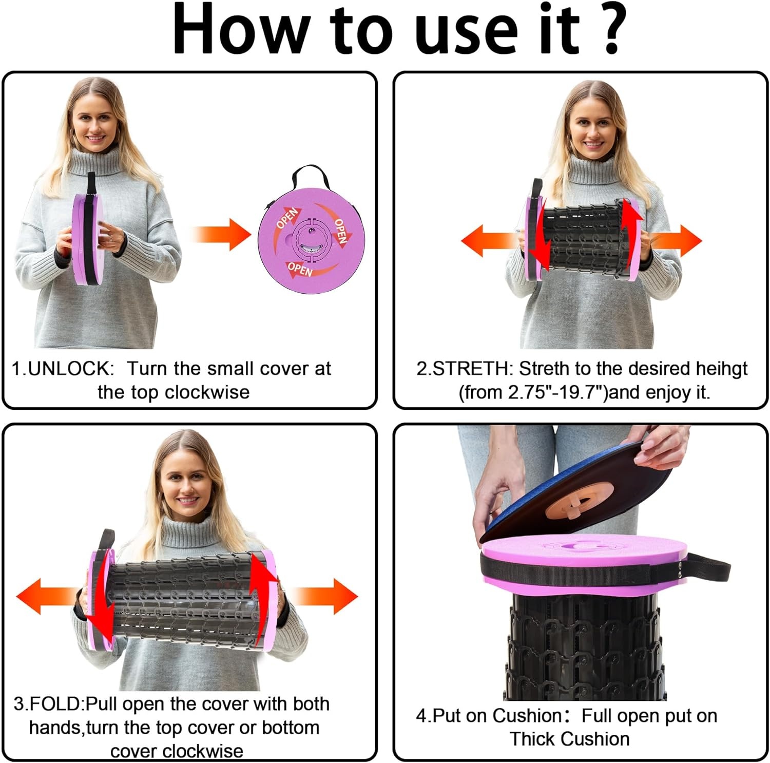 ALEVMOOM XXL Telescopische Vouwkruk 50 cm Hoog met Kussen en 455 kg Draagvermogen - Zwart