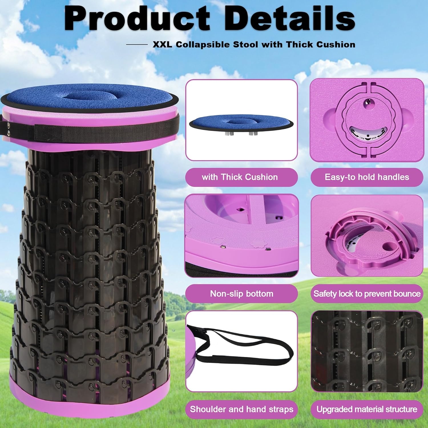 ALEVMOOM XXL Telescopische Vouwkruk 50 cm Hoog met Kussen en 455 kg Draagvermogen - Zwart