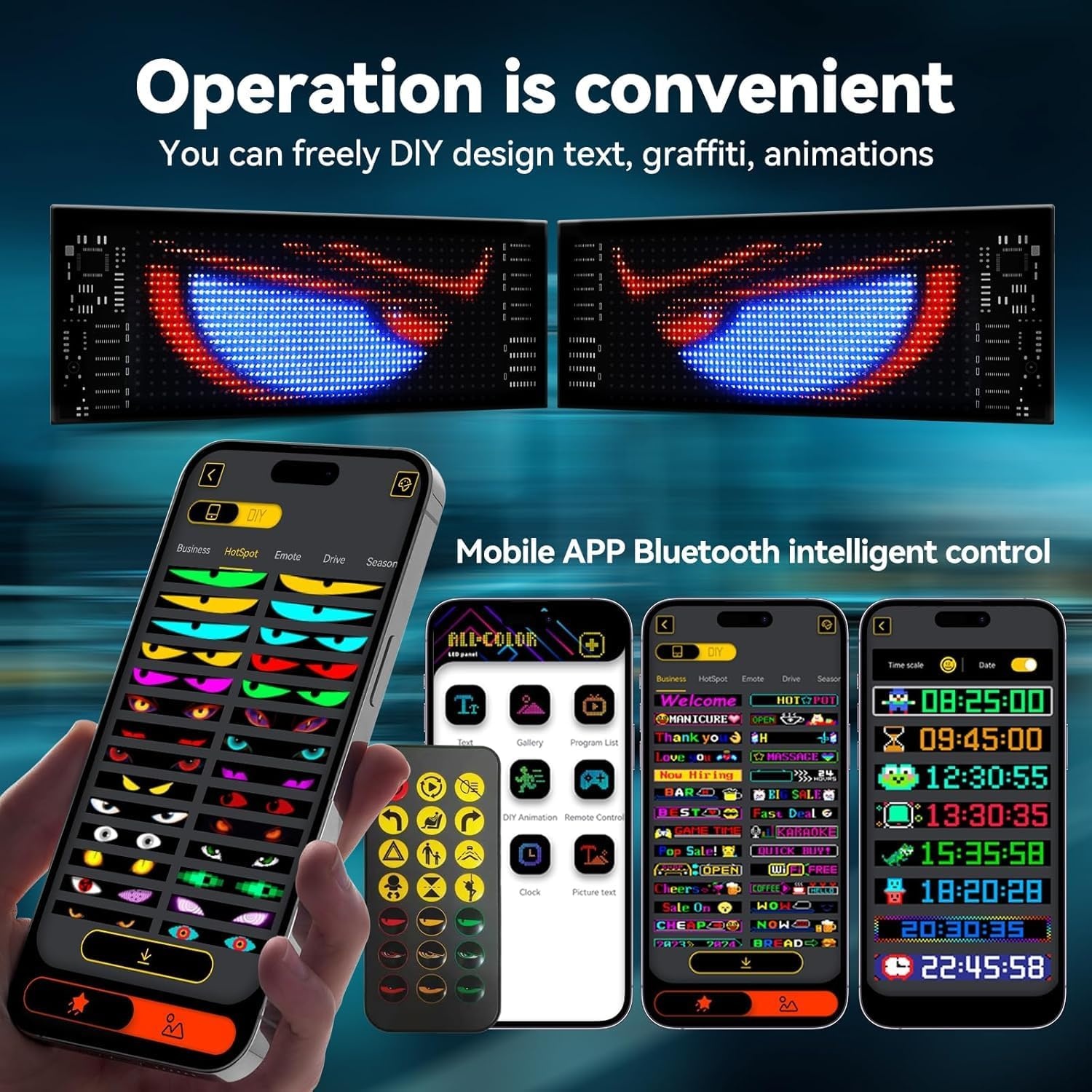 2 stuks duivelsooglampen voor auto's, led-ogen voor auto, programmeerbaar led-display, auto met app-besturing en afstandsbediening, dhz dynamisch led-display voor elke auto (12 x 60 cm)