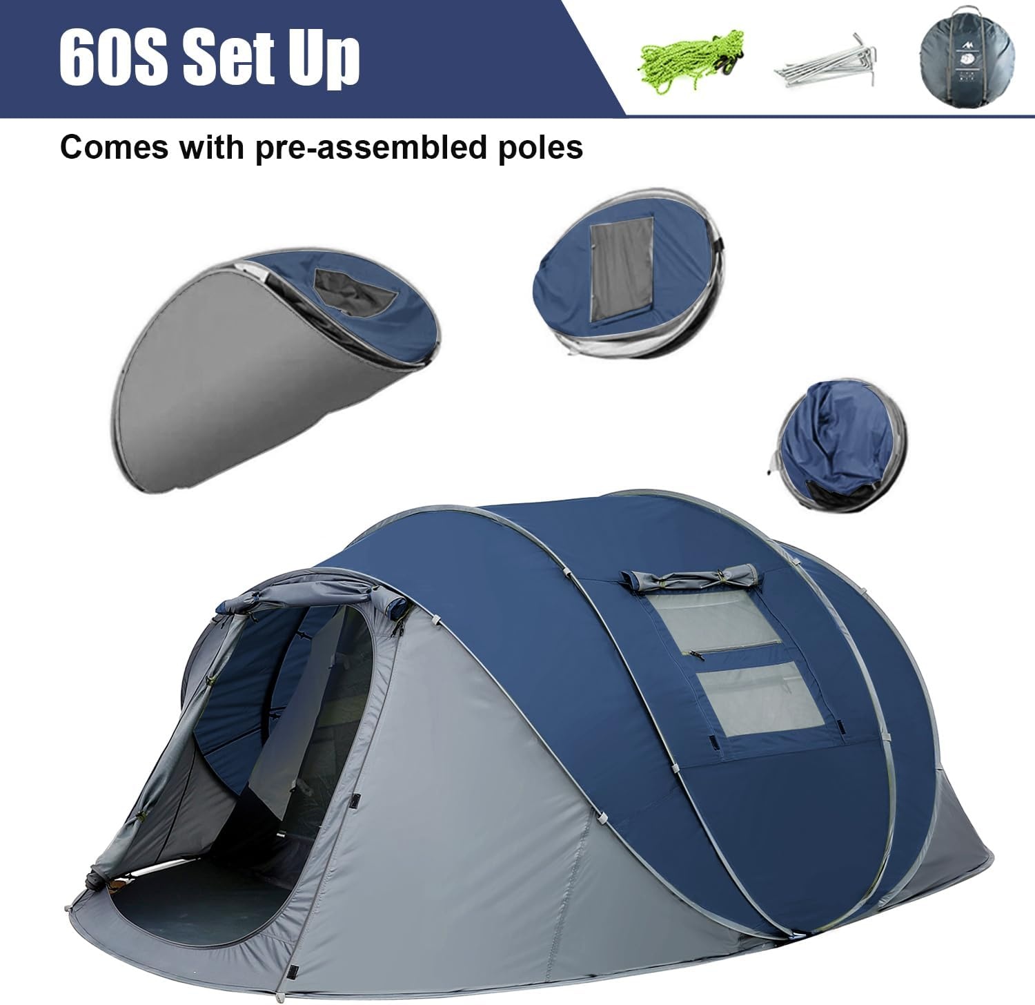Pop-up tent voor 4-6 personen, waterdicht, werptent [5 vensters] campingtent voor 4 personen, dubbelwandige tent voor 6 personen, 3 seconden, eenvoudige tent, grote pop-uptent voor outdoor, sport,