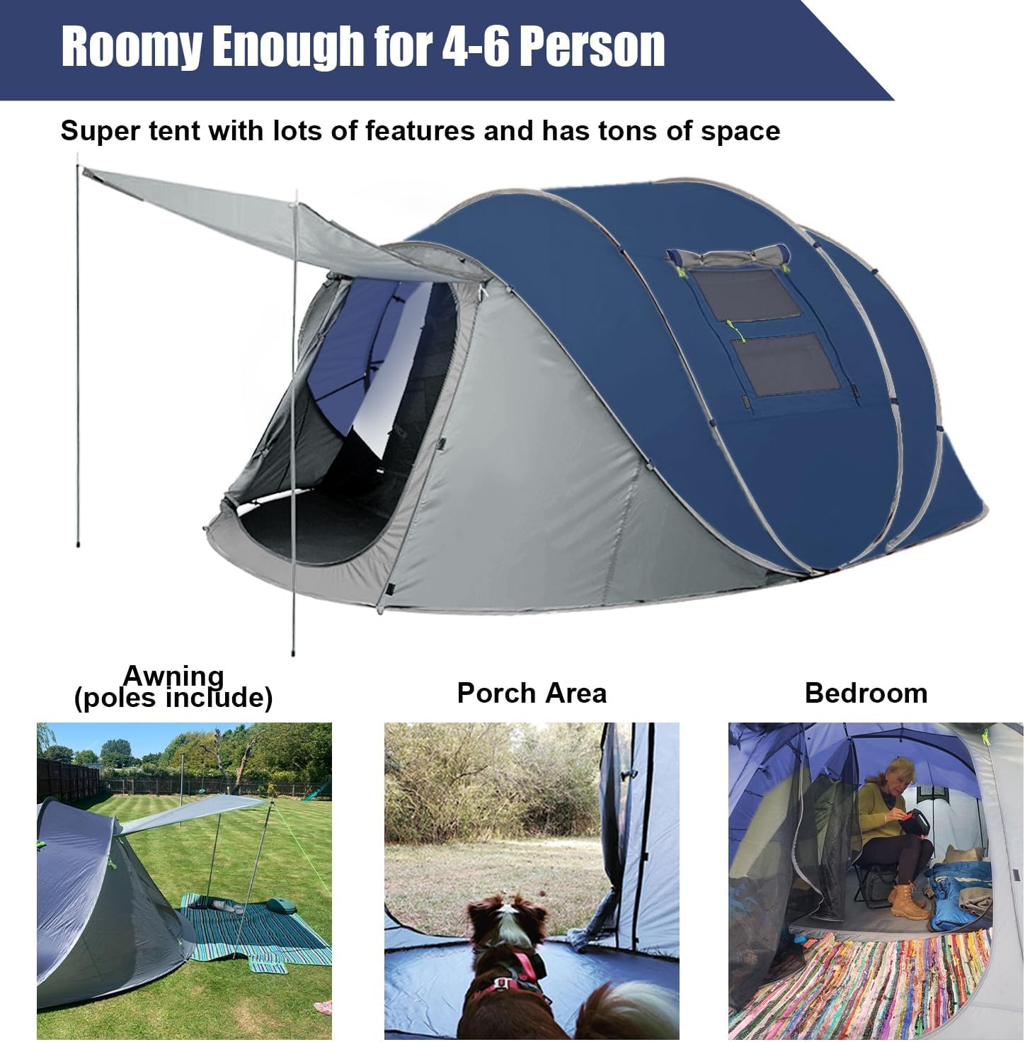 Pop-up tent voor 4-6 personen, waterdicht, werptent [5 vensters] campingtent voor 4 personen, dubbelwandige tent voor 6 personen, 3 seconden, eenvoudige tent, grote pop-uptent voor outdoor, sport,