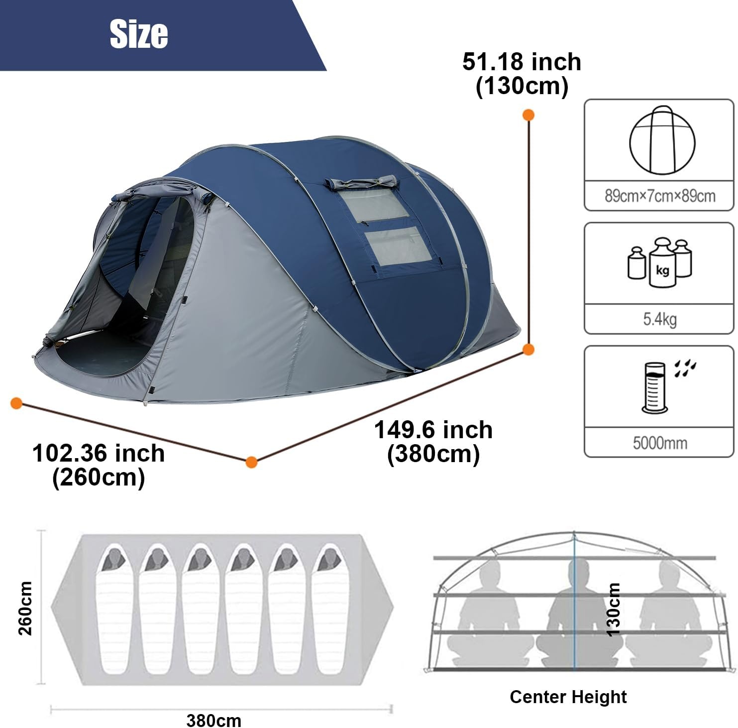 Pop-up tent voor 4-6 personen, waterdicht, werptent [5 vensters] campingtent voor 4 personen, dubbelwandige tent voor 6 personen, 3 seconden, eenvoudige tent, grote pop-uptent voor outdoor, sport,