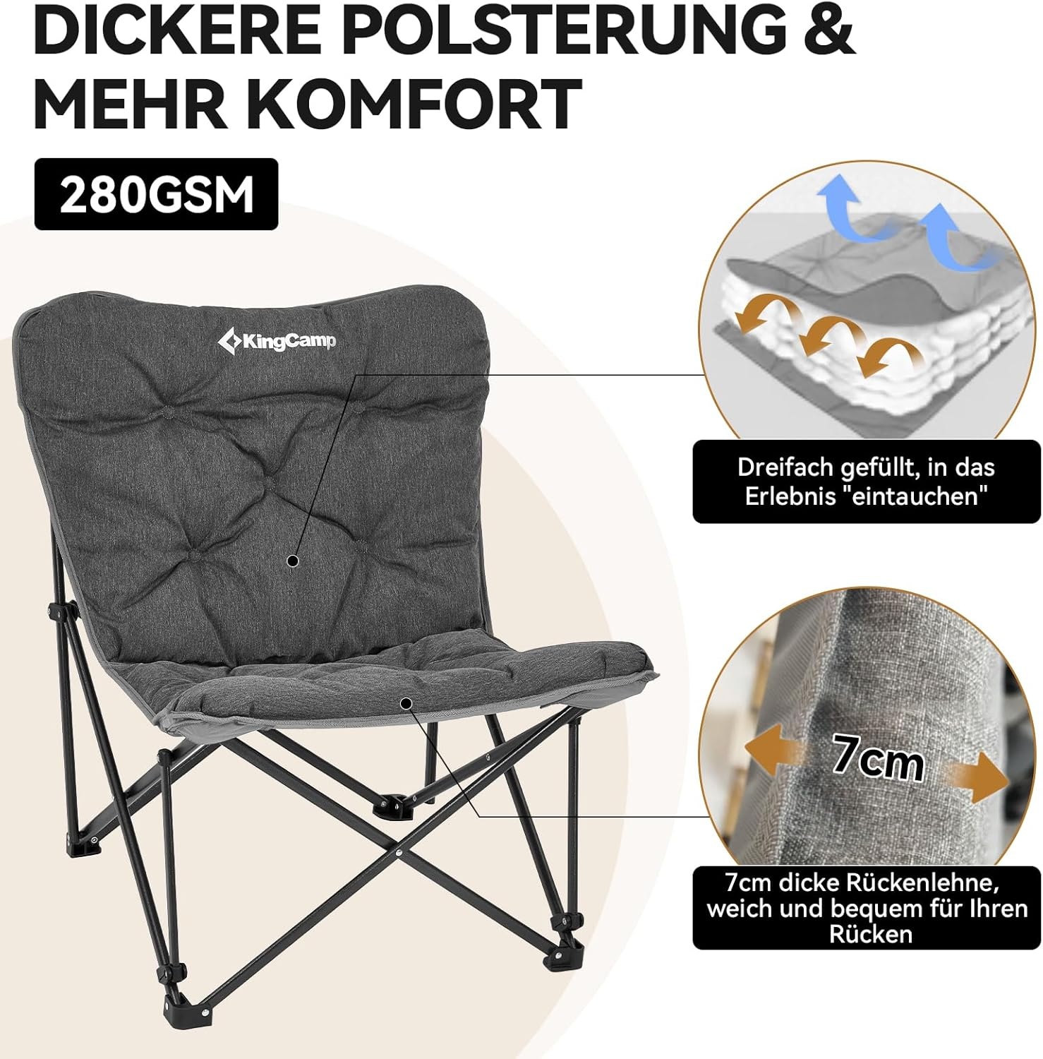 KingCamp Campingstoel, opvouwbaar, licht, campingstoel, hoge rugleuning, comfortabele bekleding, campingstoel, XXL met tas, relaxstoel voor camping, tuin, balkon, strand, outdoor, vlinder,