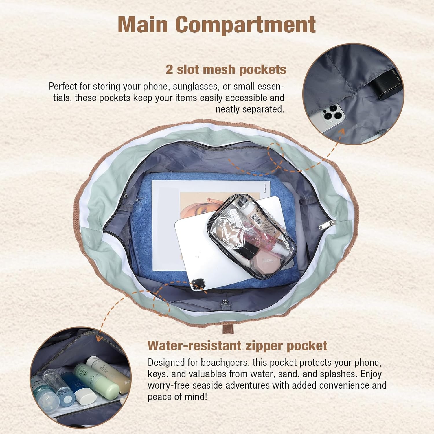 Waterdichte Strandtas Dames - Groen Gestreept - 38% Korting