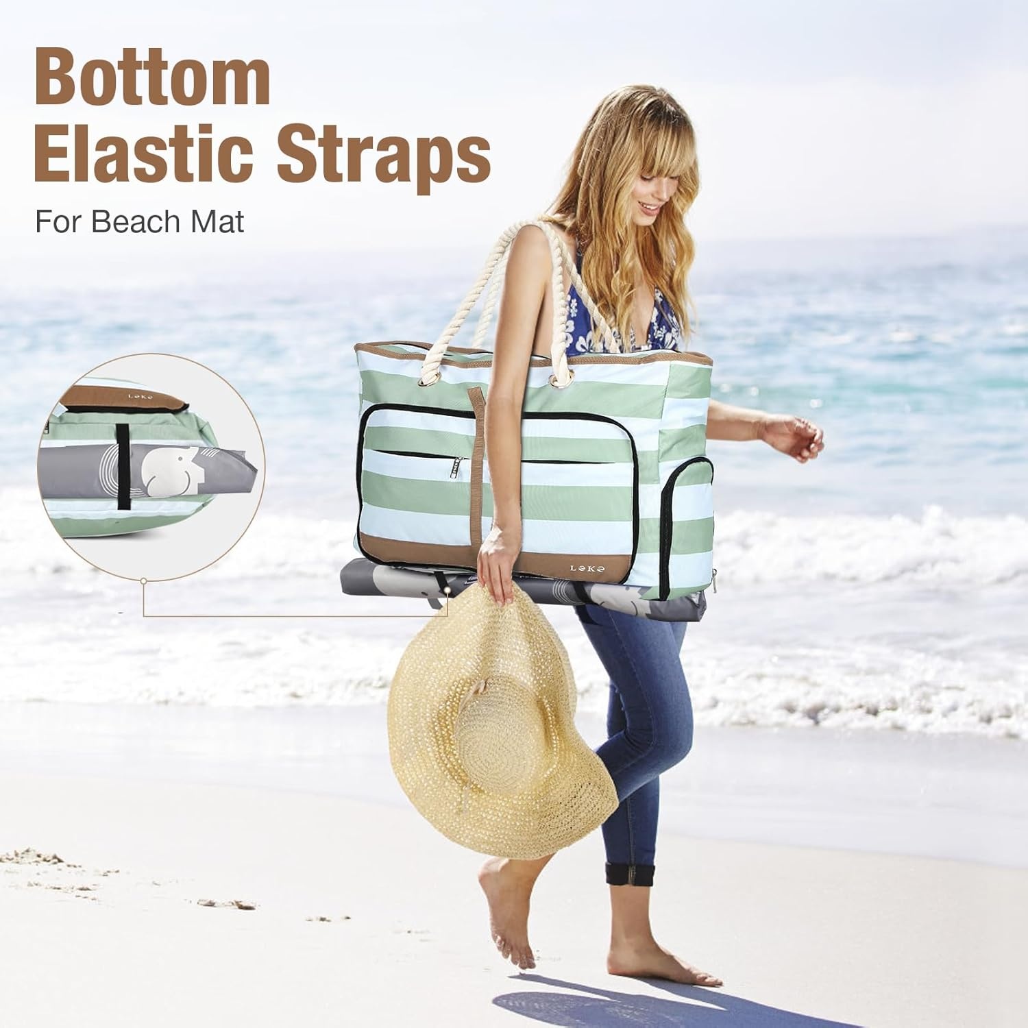 Waterdichte Strandtas Dames - Groen Gestreept - 38% Korting