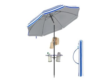 Strandparasol UV 50+ Met Handige Opbergvak & Tafel - Blauw Gestreept (-31%)