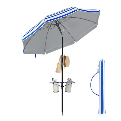 Strandparasol UV 50+ Met Handige Opbergvak & Tafel - Blauw Gestreept (-31%)