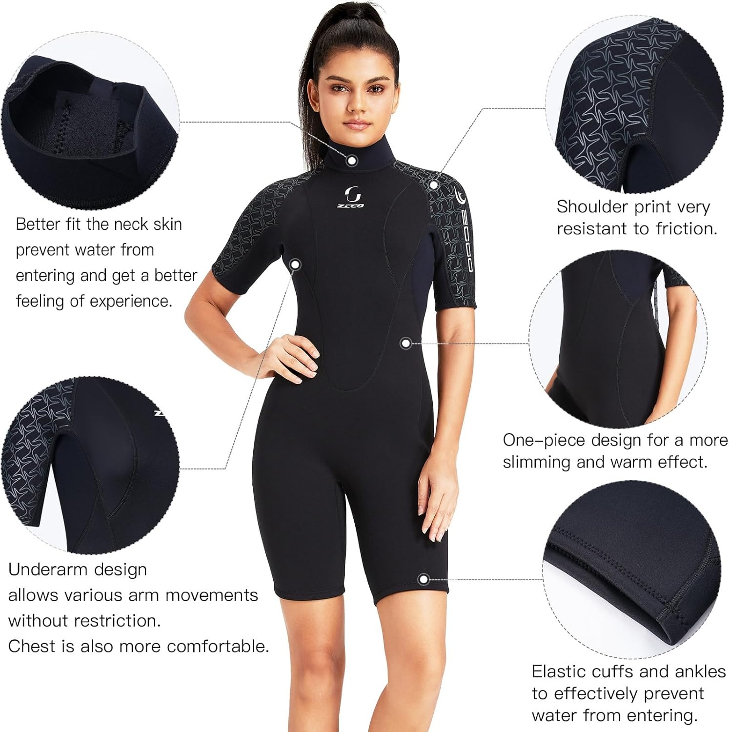 Zwarte Dames Wetsuit 3mm Neopreen - Korte Mouwen - -7%