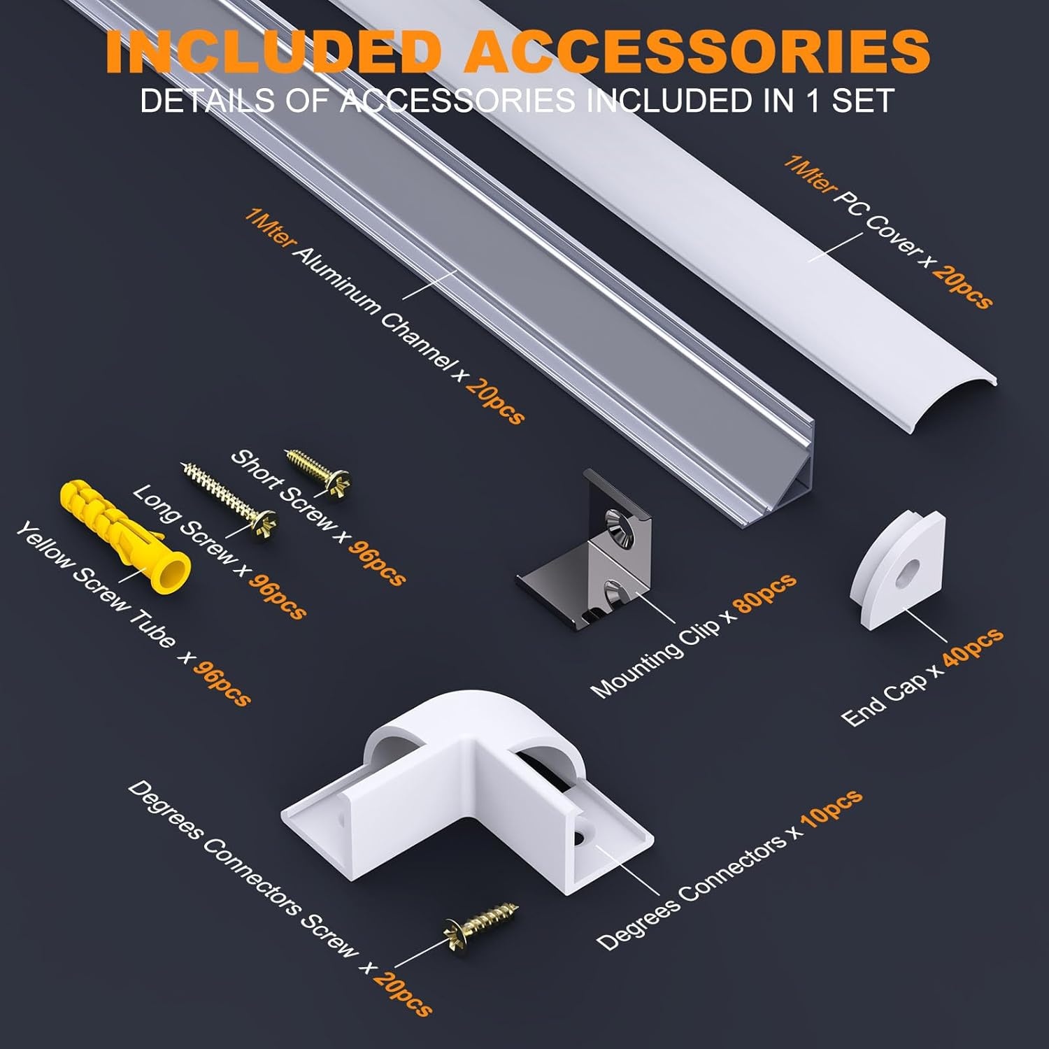 20x V-profiel aluminium LED profiel met afdekking, 1 meter per stuk, inclusief montageclips en hoekconnectoren