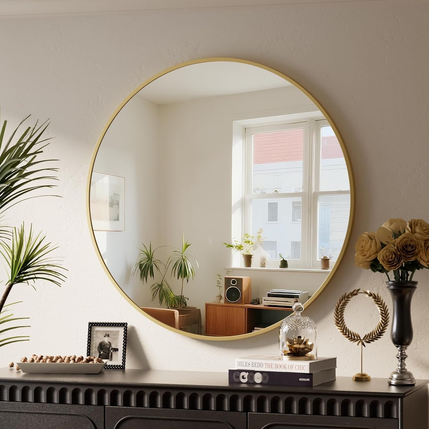 BEAUTYPEAK Ronde spiegel zwart 46 cm, veiligheidsspiegel met aluminium frame, voor badkamer, slaapkamer en woonkamer