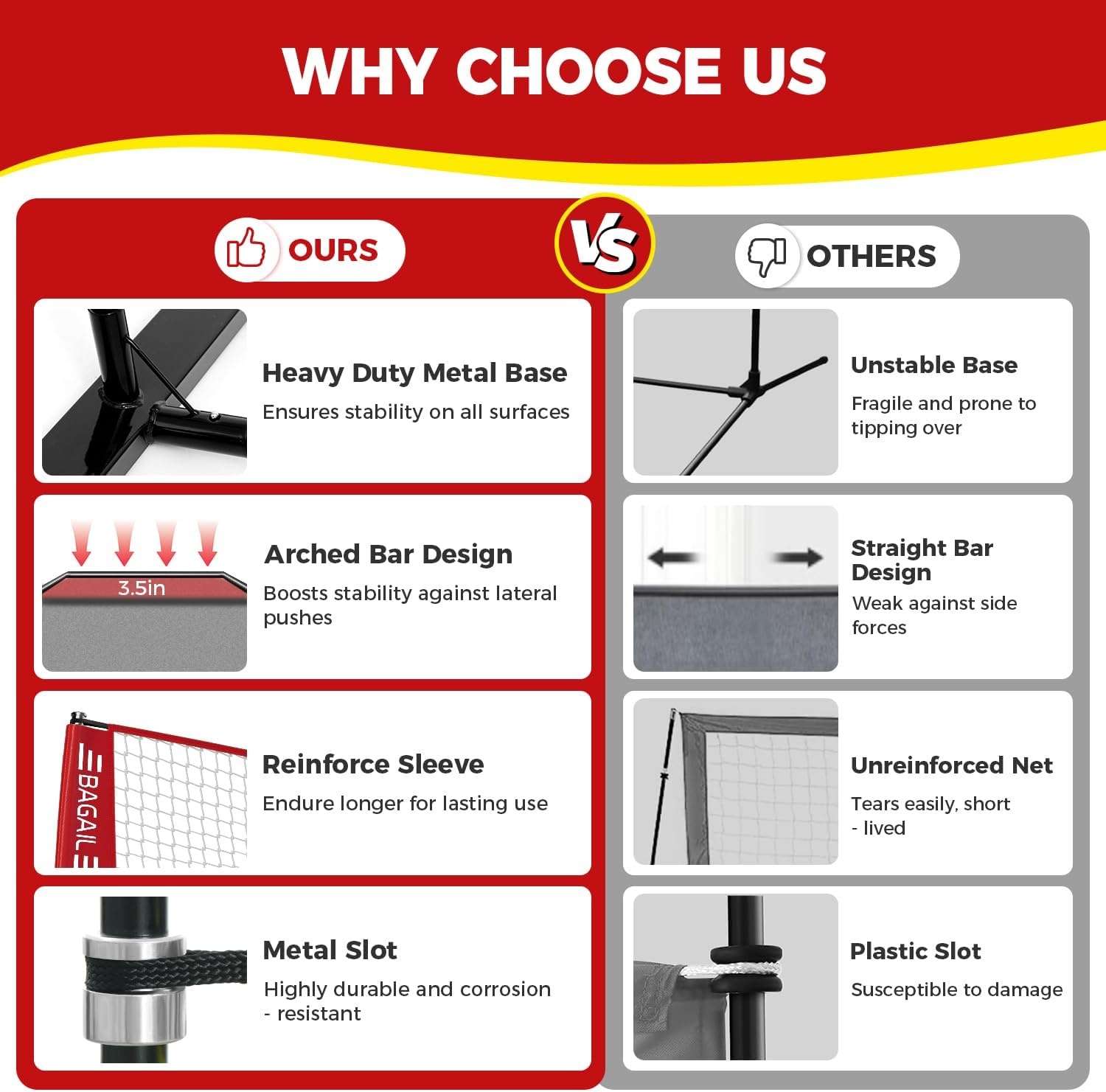 BAGAIL Draagbaar Volleybal Net 3.6m/6.1m Zwart - 28% Korting