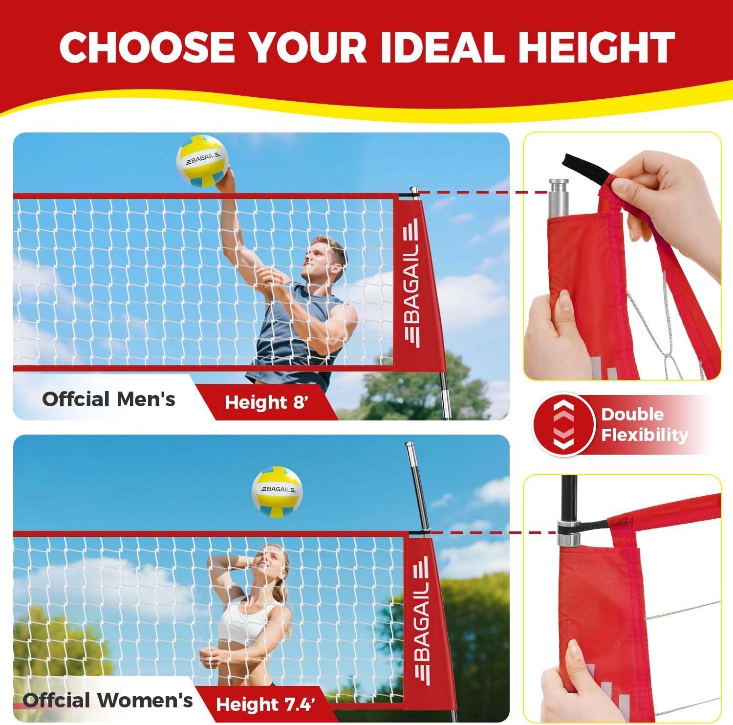 BAGAIL Draagbaar Volleybal Net 3.6m/6.1m Zwart - 28% Korting