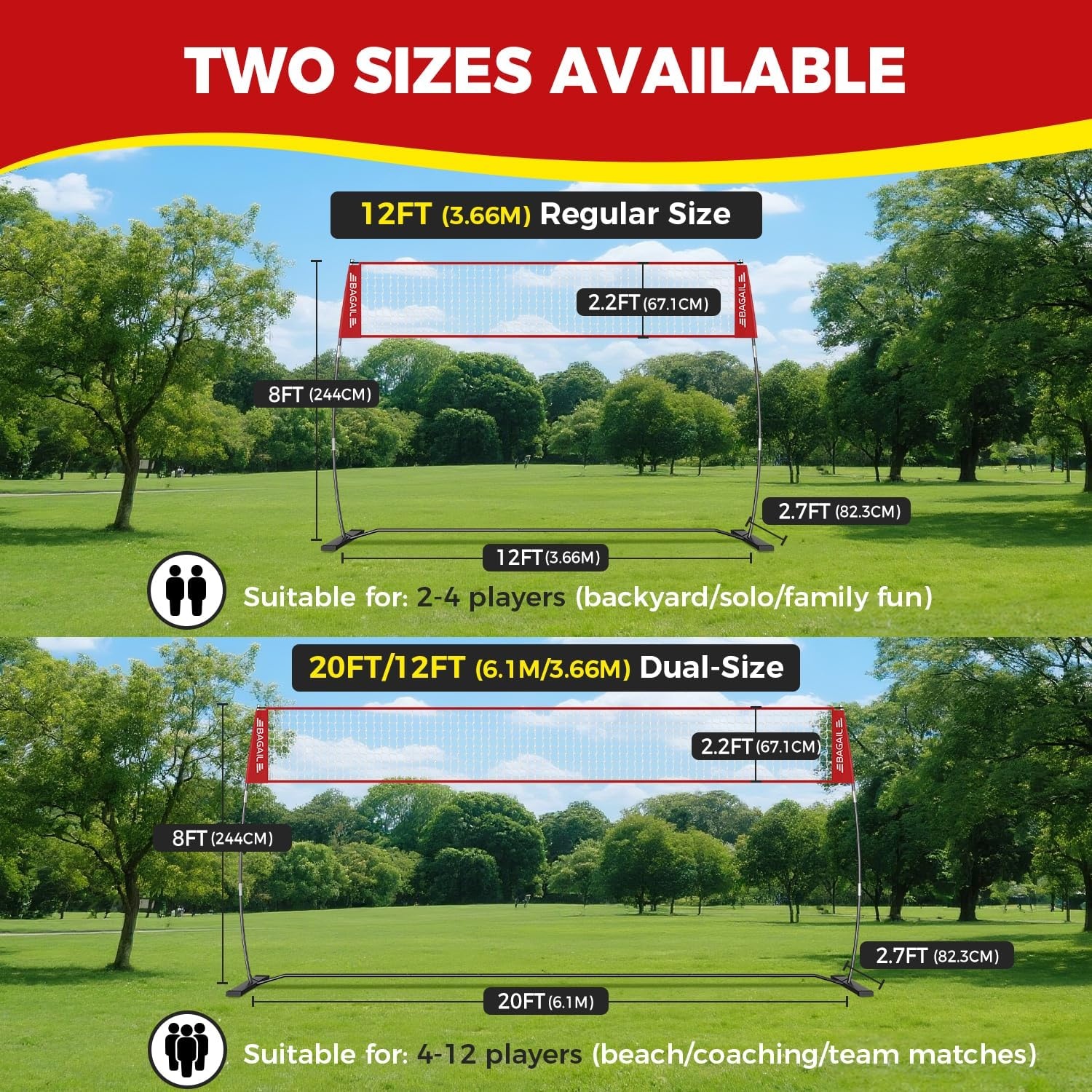 BAGAIL Draagbaar Volleybal Net 3.6m/6.1m Zwart - 28% Korting