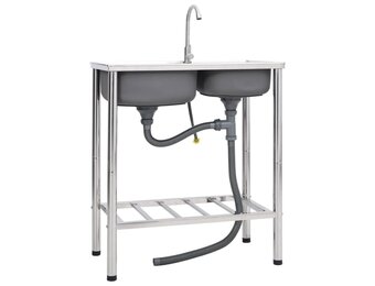 vidaXL Campinggootsteen met 2 Bakken & Kraan (RVS) - 34% Korting!