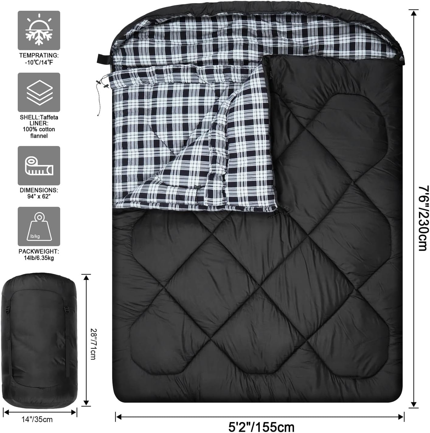 Dubbele Slaapzak Winter 0°C - Katoen Flanel & Waterdicht (-10°C) - 29% Korting