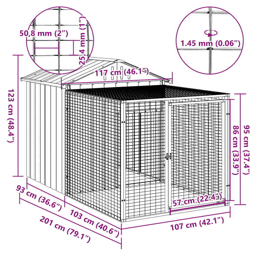 vidaXL Kippenhok met ren 117x201x123 cm gegalvaniseerd staal grijs