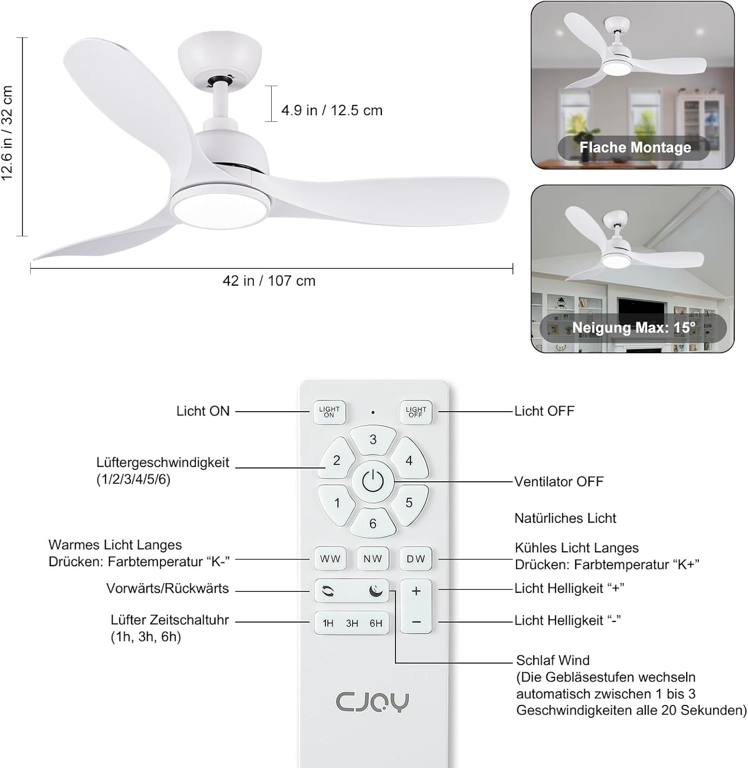 CJOY Plafondventilator met Licht - 107cm, Stil & Dimbare LED (42% Korting)