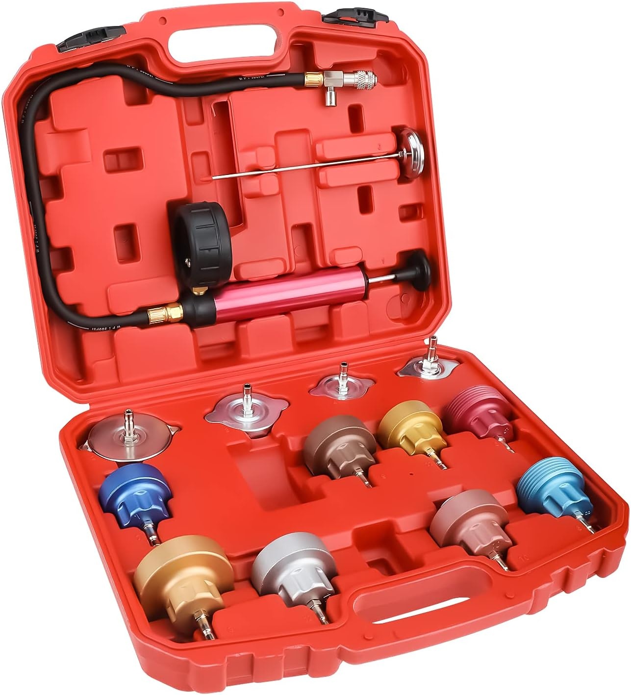 FreeTec 14 stuks Tester Koelsysteem, Druktesterset, Radiator, Universele Tester Lekkage Vloeistof Koeling, Testapparaat Radiator met Pomp en Adapter