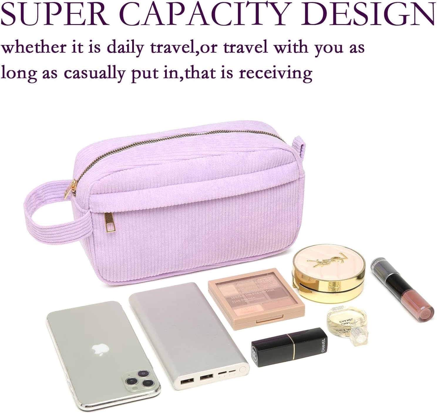 Kleine make-uptassen voor dames, toilettas, make-uptas, reistas, cosmeticatas, corduroy make-uptas met metalen ritssluiting voor vrouwen, Scandinavische stijl, Paars