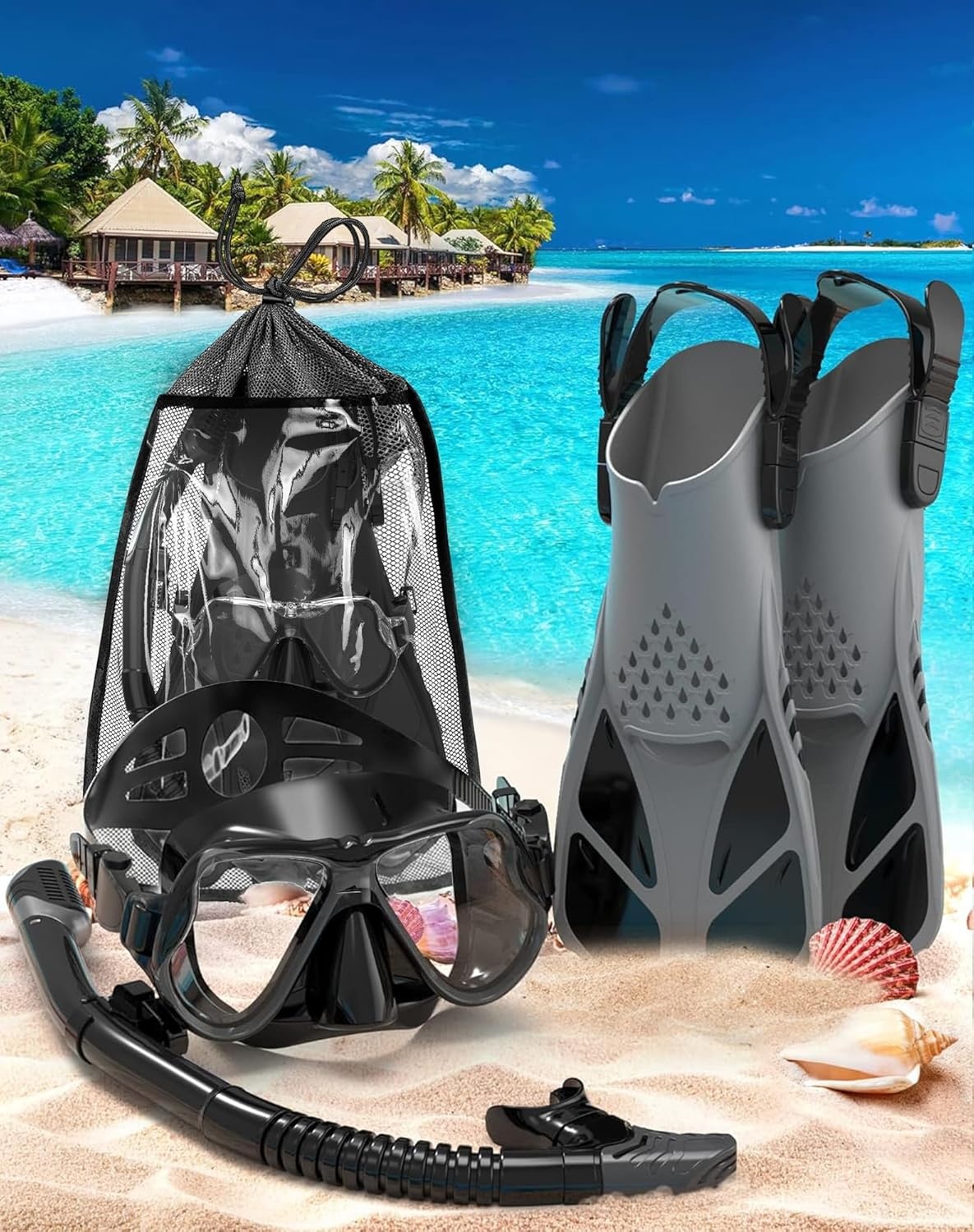 Zenoplige Snorkelset volwassenen met flippers, snorkelmasker met verstelbare zwemvinnen, snorkelpakketten snorkelmasker en flippers set met draagtas voor beginners en snorkelaars