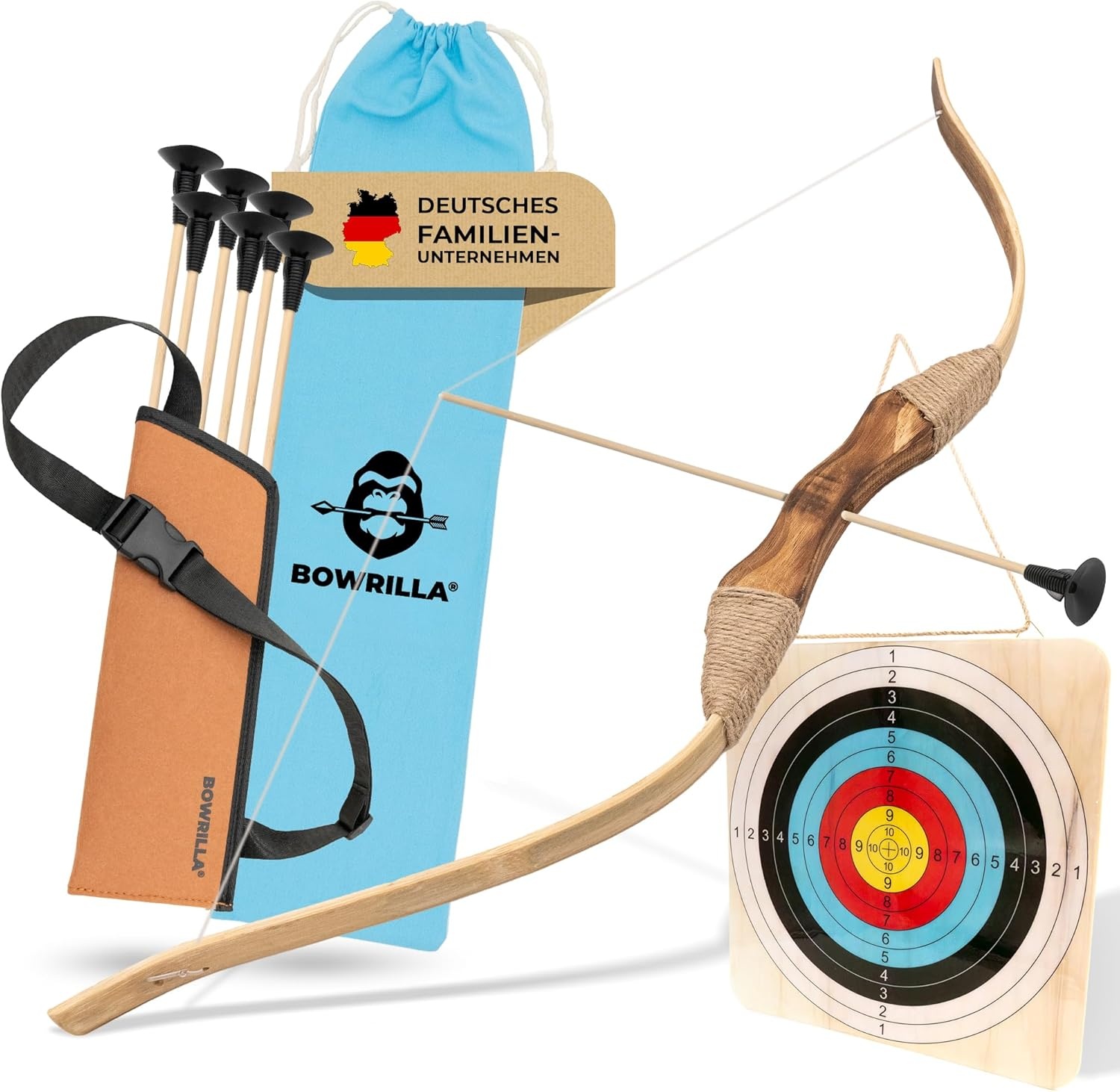 BOWRILLA® Houten Kinderpijl-en-boog Set met 6 Zuignap-pijlen, Doelwit en Koker - Vanaf 4 Jaar