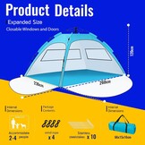 Strandtent, strandtent voor 2-4 personen, draagbare automatische strandtent, UV50+ bescherming met dubbele deuren, geschikt voor familie-strandcamping, tuinbarbecue, wandeltent