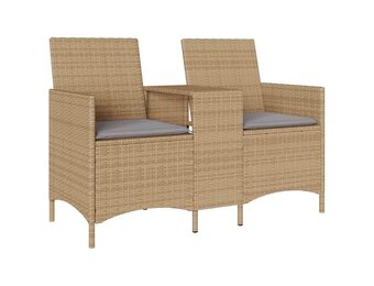 vidaXL Tuinbank 2-zits met Tafel & Kussens: Beige Poly Rattan | 34% Korting