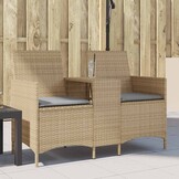 vidaXL Tuinbank 2-zits met Tafel & Kussens: Beige Poly Rattan | 34% Korting