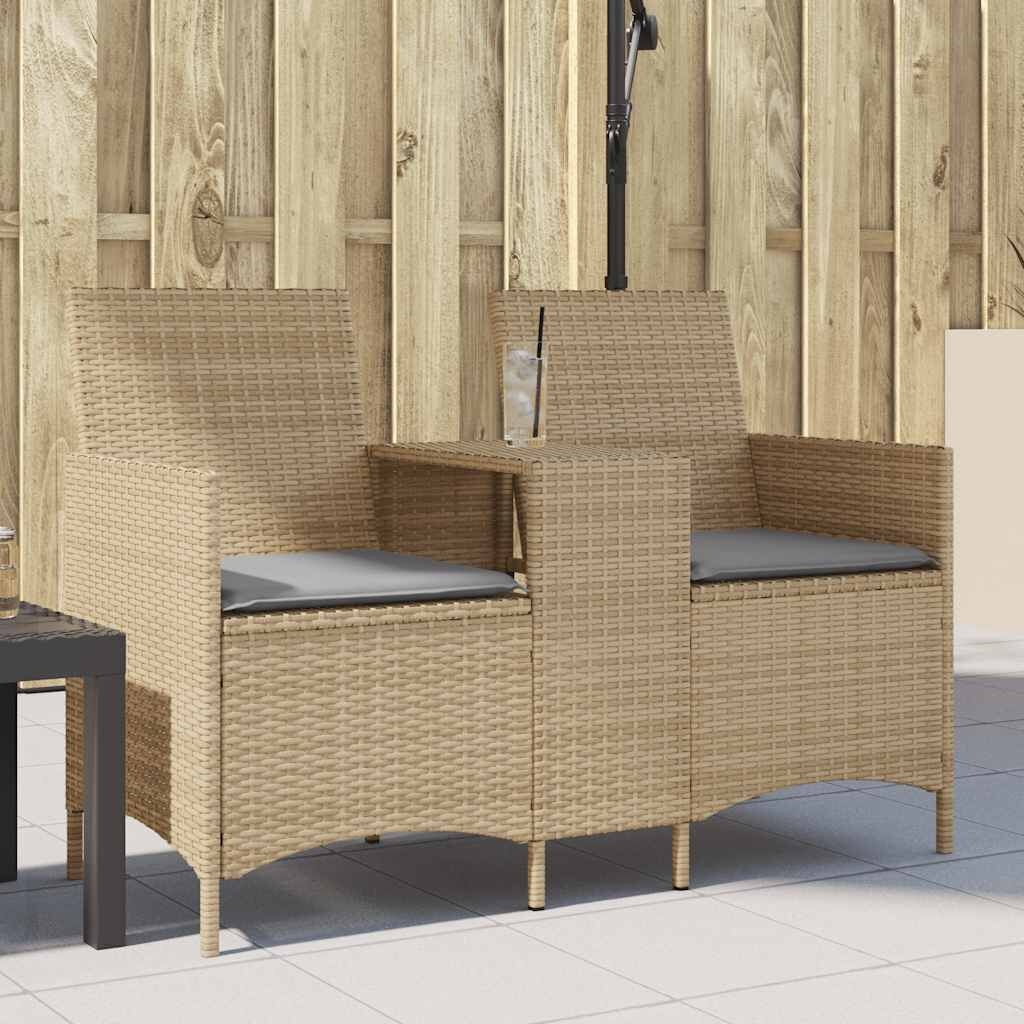 vidaXL Tuinbank 2-zits met Tafel & Kussens: Beige Poly Rattan | 34% Korting